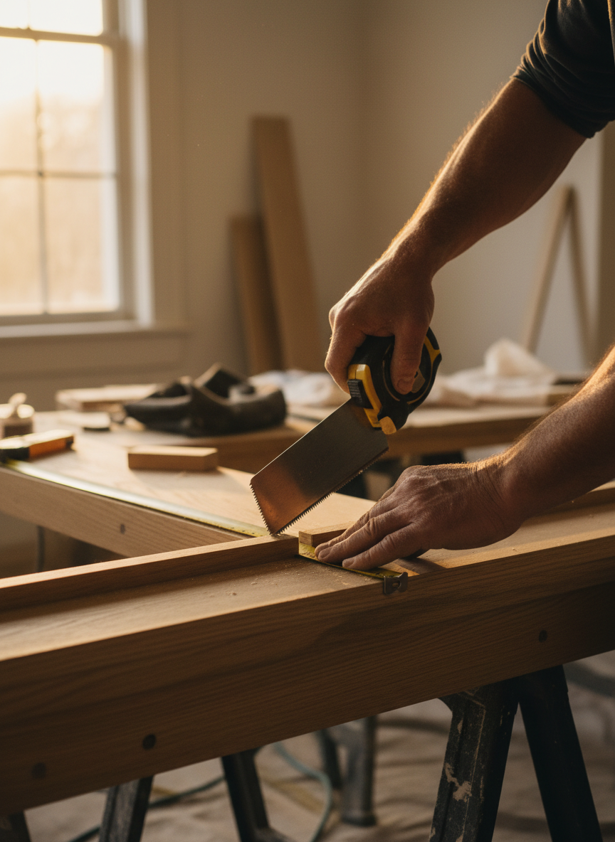 Dettaglio di lavorazione: mani esperte rifiniscono un dettaglio architettonico